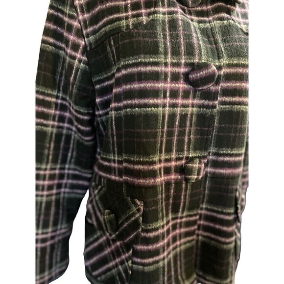 Keren Hart Coat Purple Buffalo Plaid Wool Blend Jacket Size Large Pockets - Picture 2 of 11